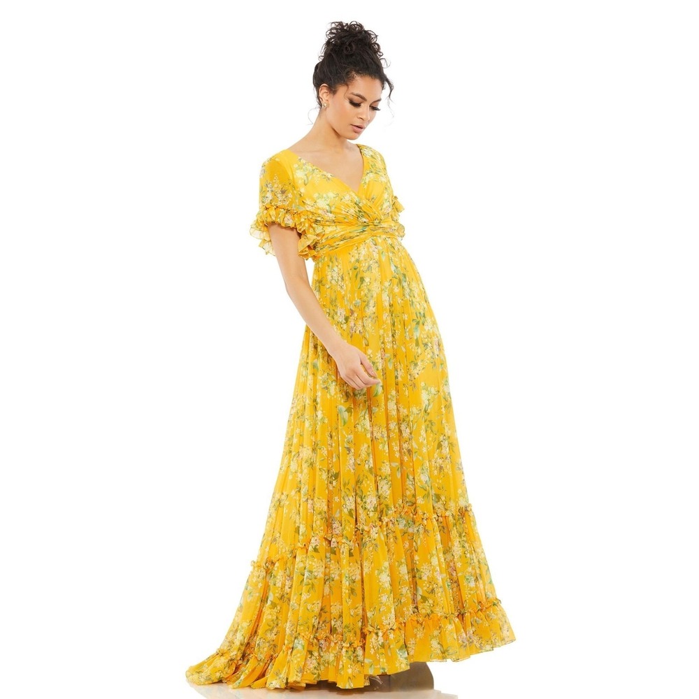 Mac Duggal 67933 Yellow Floral Print V-Neck Short Sleeve Maxi Dress Size 12